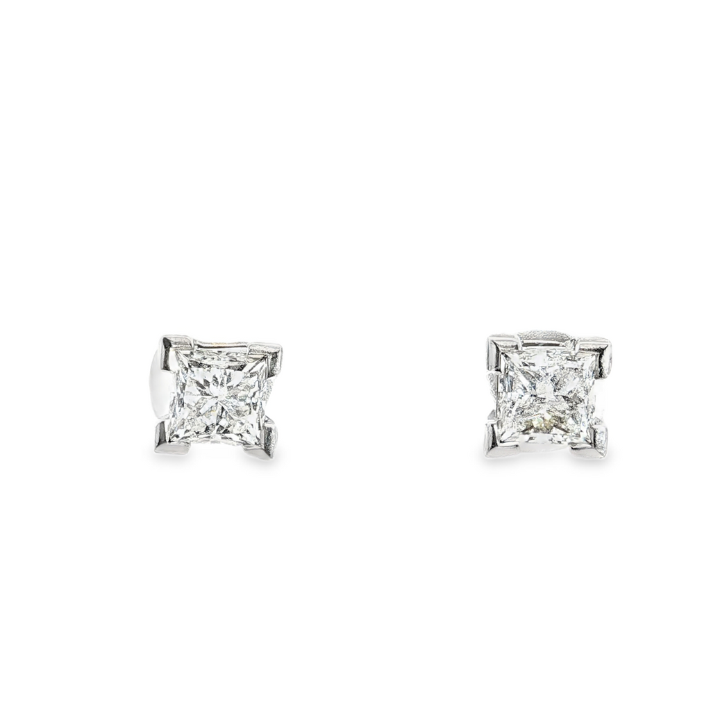 18ct white gold princess cut diamond stud earrings with four-claw settings by James Thredgold Jeweller.