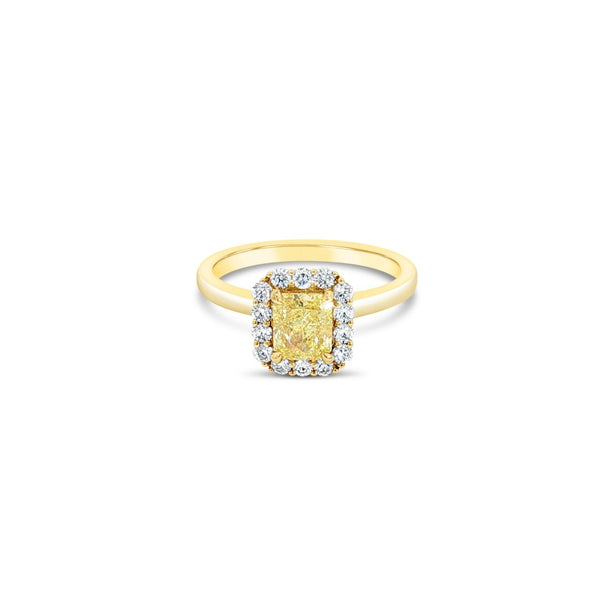 Two-tone 18ct yellow and white gold ring featuring a 1.01ct Fancy Intense Yellow radiant cut diamond with a white diamond cluster surround.