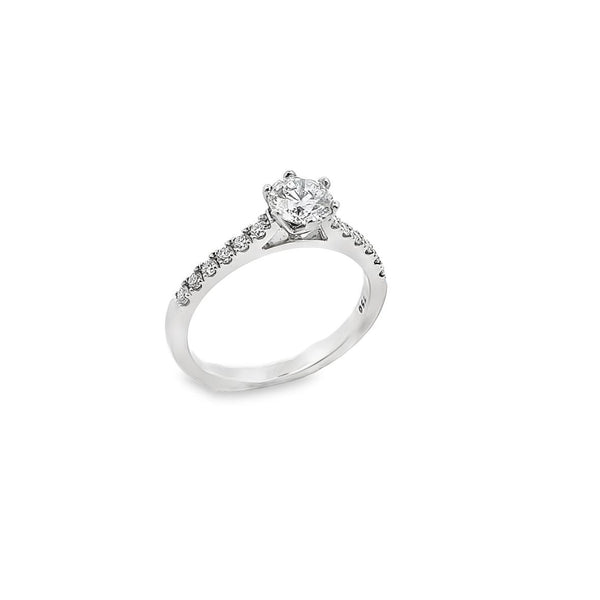 18ct white gold diamond ring with a six-claw 0.70ct round brilliant cut centre diamond and raised claw-set diamond shoulders.
