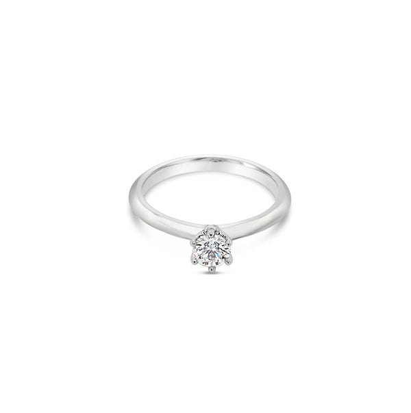 Platinum six-claw solitaire diamond ring featuring a 0.31ct round brilliant cut diamond with a coronet-style cut-out collet.