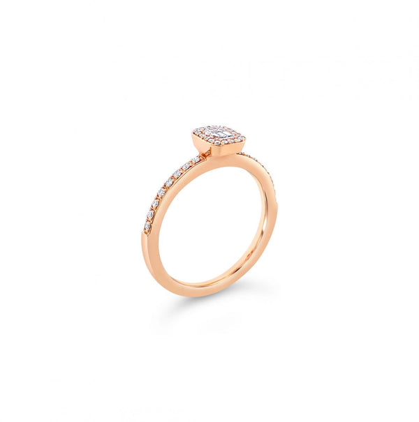 18ct rose gold emerald cut diamond halo ring with diamond-set shoulders.