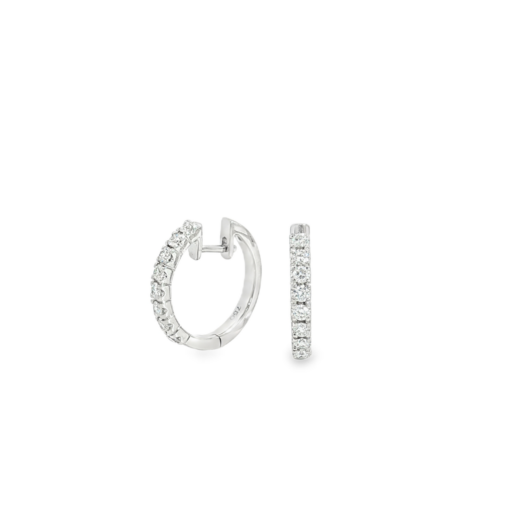 18ct white gold diamond huggie earrings with claw-set round brilliant cut diamonds by James Thredgold Jeweller.