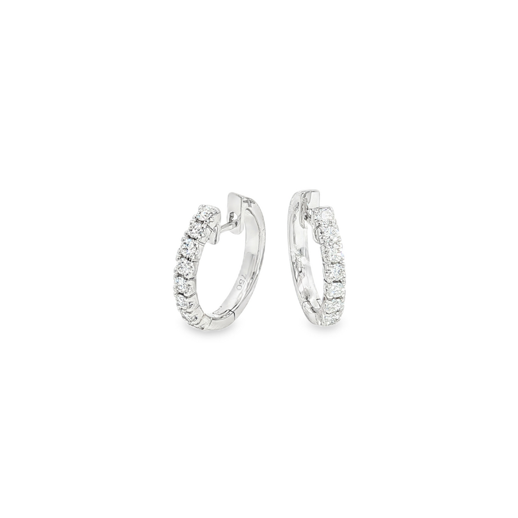 18ct white gold diamond huggie earrings with claw-set round brilliant cut diamonds by James Thredgold Jeweller.