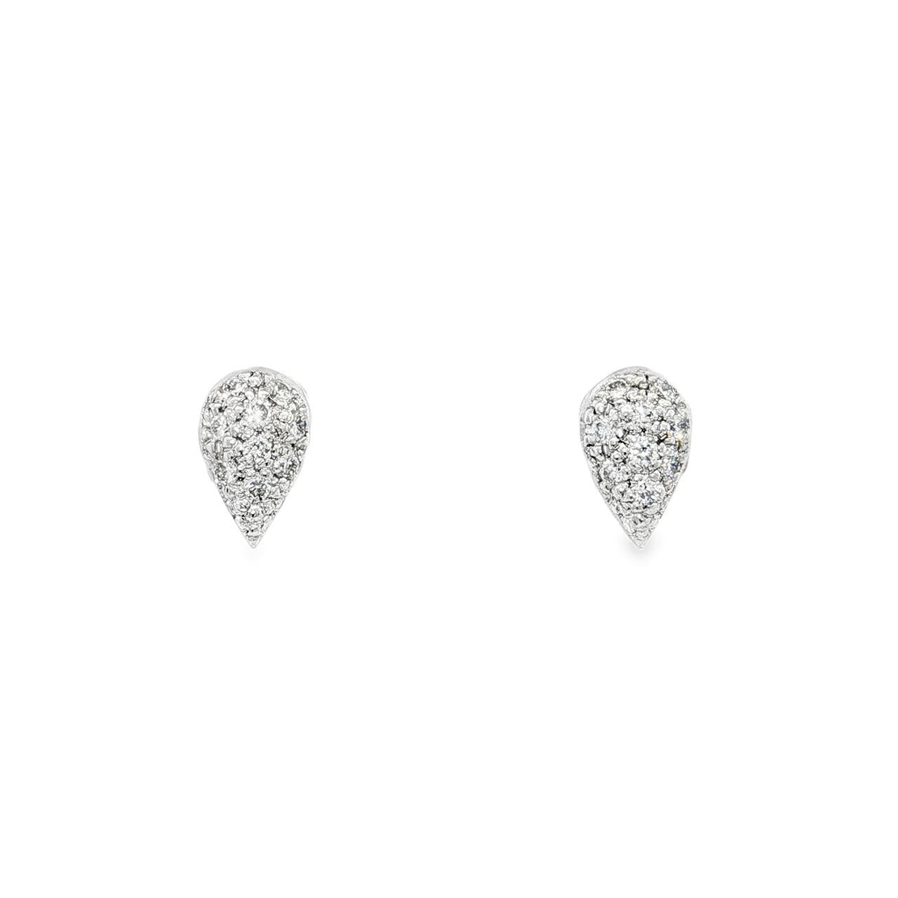 18ct white gold puff pear stud earrings with 18 natural round brilliant cut diamonds in pavé setting 0.18ct