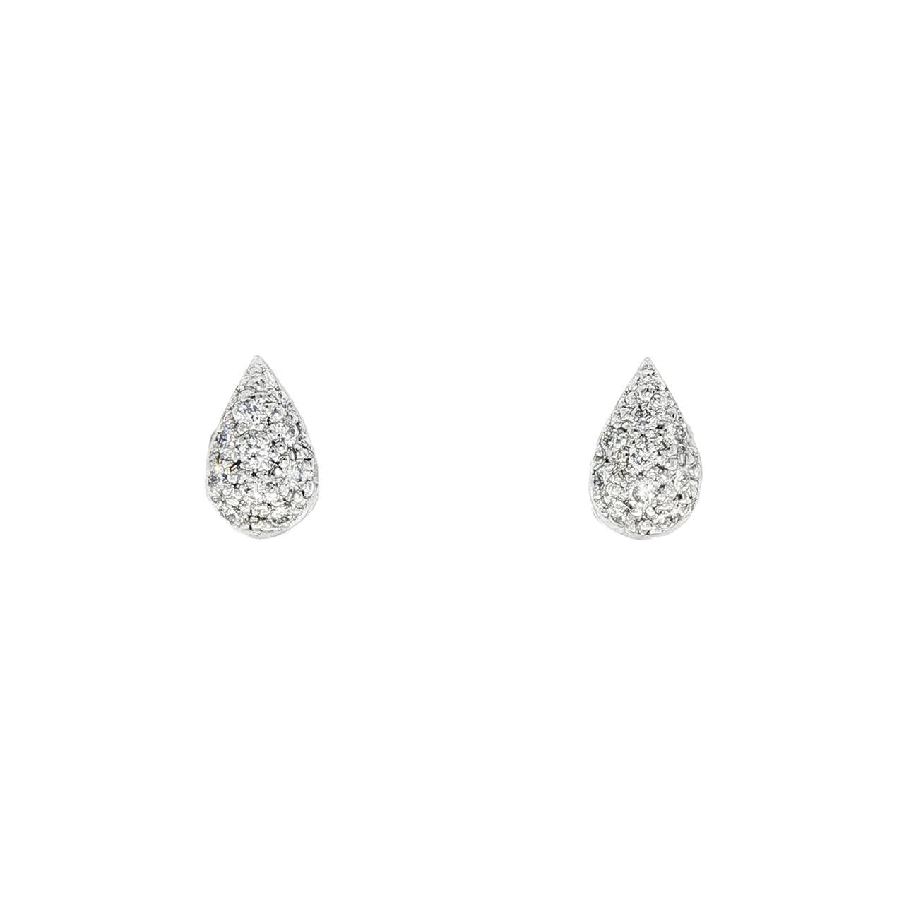 18ct white gold puff pear stud earrings with 18 natural round brilliant cut diamonds in pavé setting 0.18ct