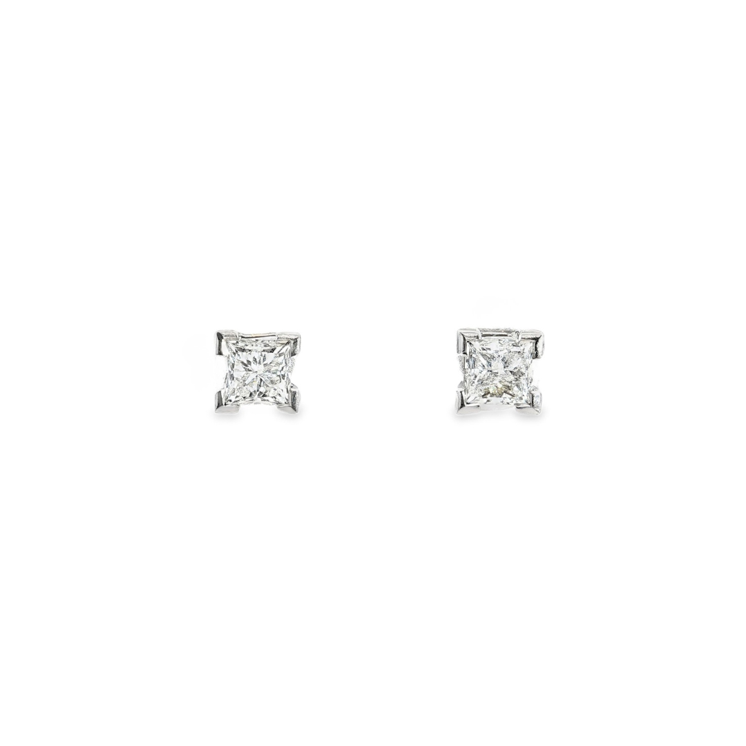 18ct white gold princess cut diamond stud earrings with four-claw settings by James Thredgold Jeweller.
