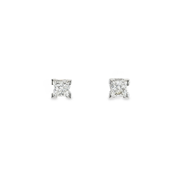 18ct white gold princess cut diamond stud earrings with four-claw settings by James Thredgold Jeweller.