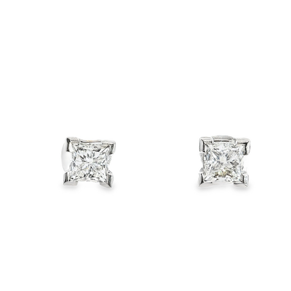 18ct white gold princess cut diamond stud earrings with four-claw settings by James Thredgold Jeweller.