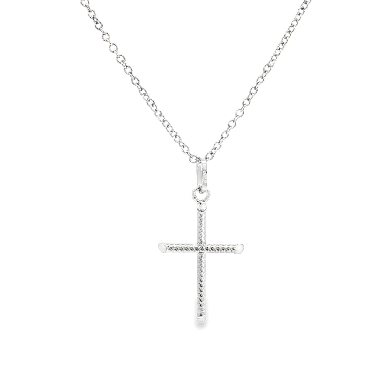18ct white gold twist tubular cross pendant with angled ends 25x18mm