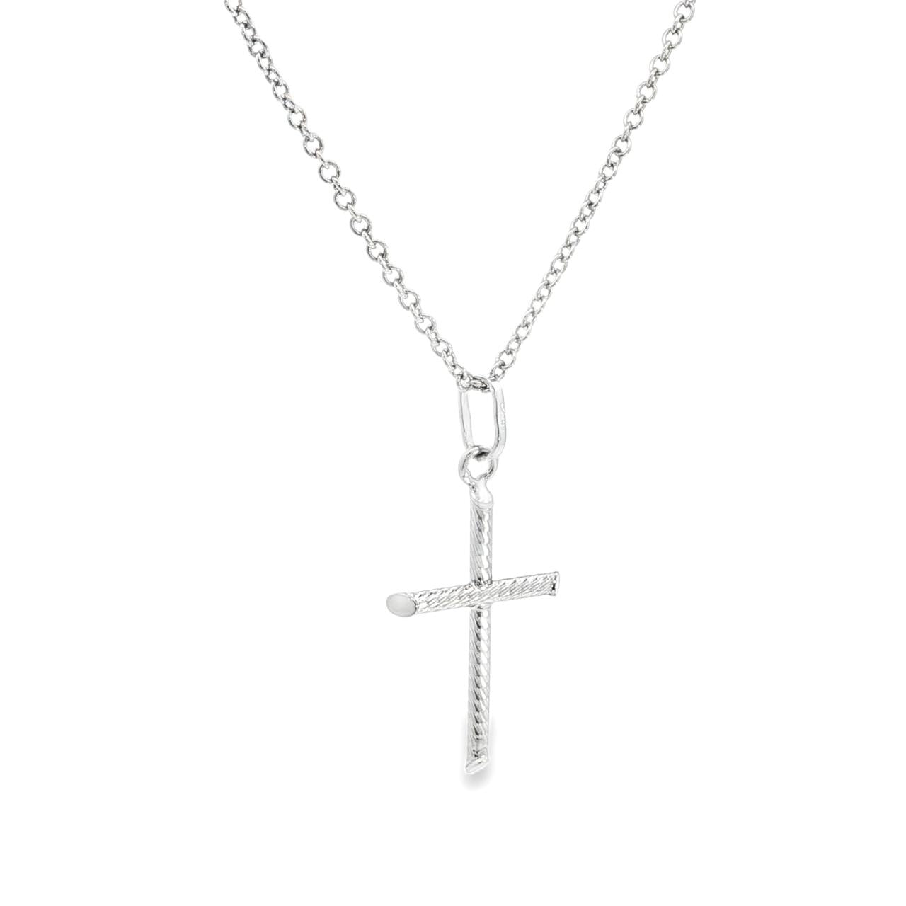 18ct white gold twist tubular cross pendant with angled ends 25x18mm