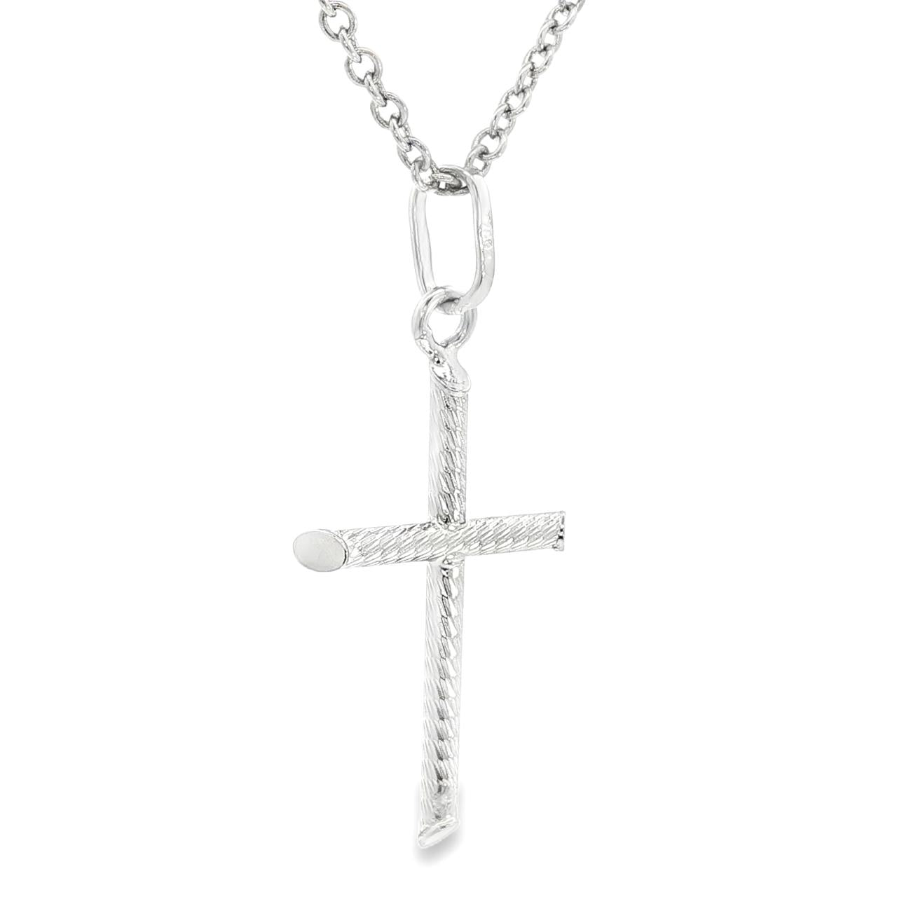 18ct white gold twist tubular cross pendant with angled ends 25x18mm