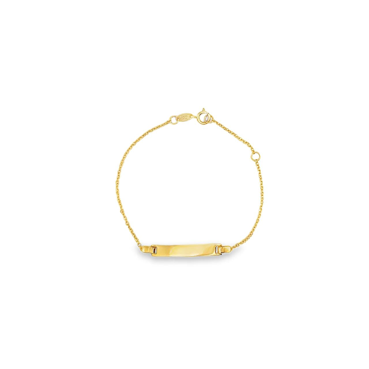 18ct yellow gold baby ID bracelet featuring a fine trace link chain and polished nameplate suitable for engraving.