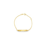 18ct yellow gold baby ID bracelet featuring a fine trace link chain and polished nameplate suitable for engraving.