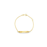 18ct yellow gold baby ID bracelet featuring a fine trace link chain and polished nameplate suitable for engraving.