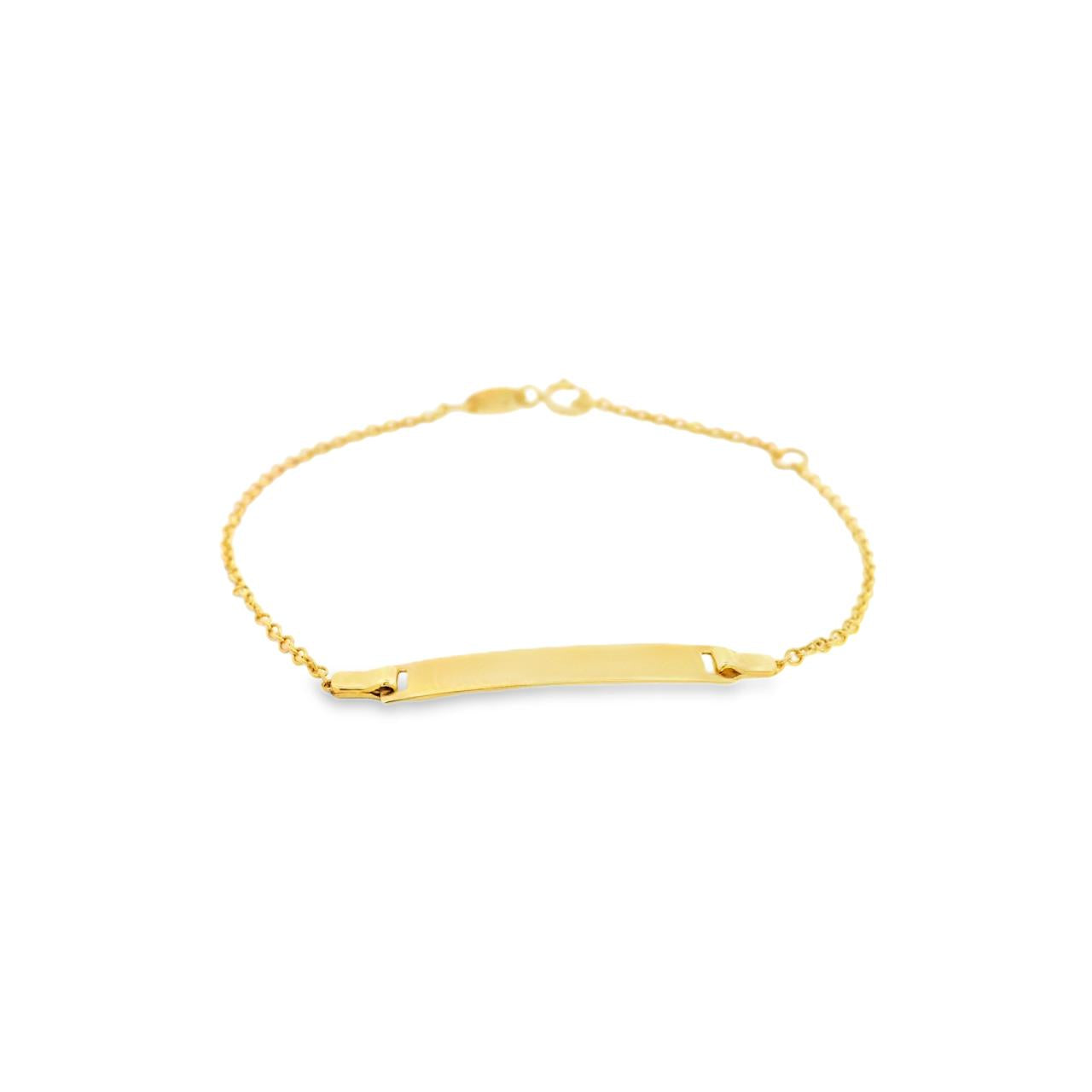 18ct yellow gold baby ID bracelet featuring a fine trace link chain and polished nameplate suitable for engraving.