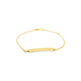 18ct yellow gold baby ID bracelet featuring a fine trace link chain and polished nameplate suitable for engraving.
