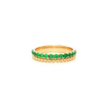 18ct yellow gold band ring with 14 round cut natural emeralds and beaded detailing
