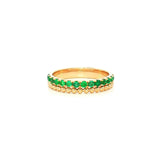 18ct yellow gold band ring with 14 round cut natural emeralds and beaded detailing