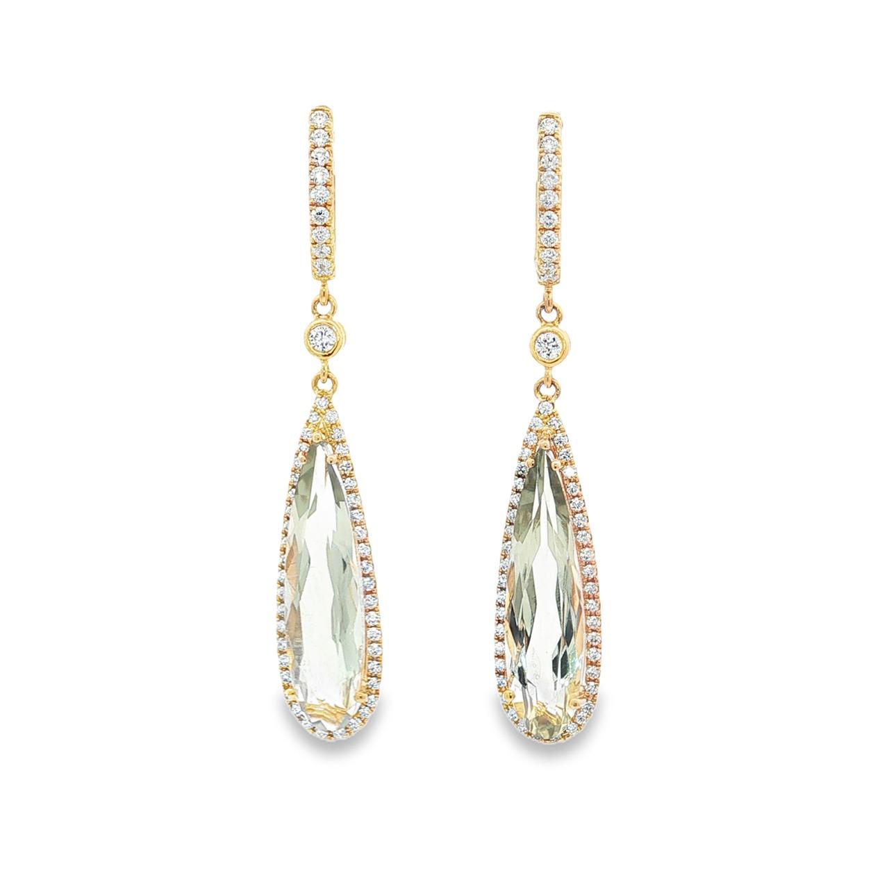 18ct yellow gold drop earrings with pear cut green quartz and natural diamond halo settings