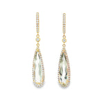 18ct yellow gold drop earrings with pear cut green quartz and natural diamond halo settings