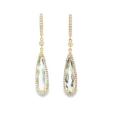 18ct yellow gold drop earrings with pear cut green quartz and natural diamond halo settings