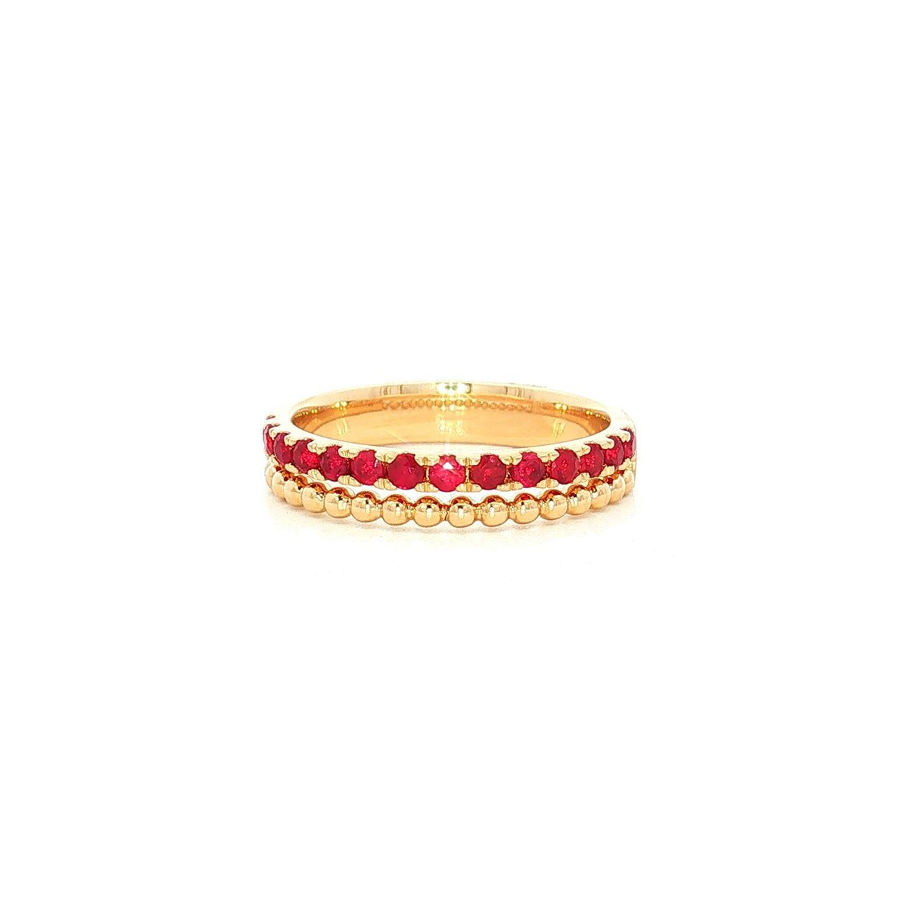 18ct yellow gold ruby band ring with 14 round cut rubies and beaded detail