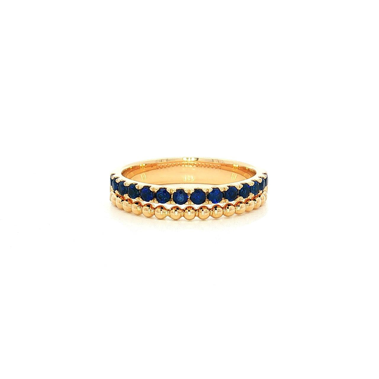 18ct yellow gold band ring with 14 round cut natural sapphires and beaded detailing