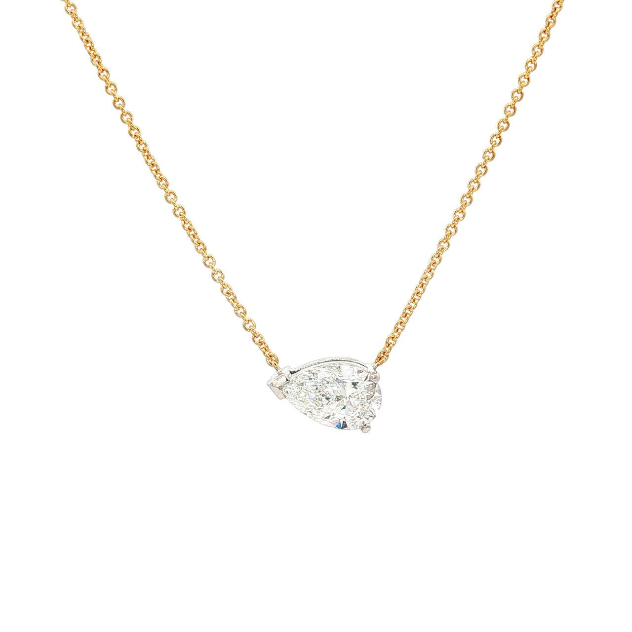 18ct yellow and white gold east-west necklet with GIA certified 1.01ct natural pear brilliant cut diamond