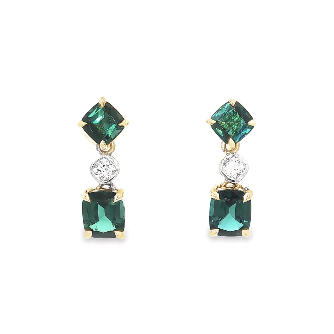 18ct yellow and white gold drop earrings with blue-green tourmalines and cushion cut diamonds in articulated settings