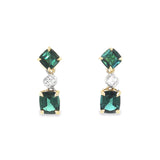 18ct yellow and white gold drop earrings with blue-green tourmalines and cushion cut diamonds in articulated settings