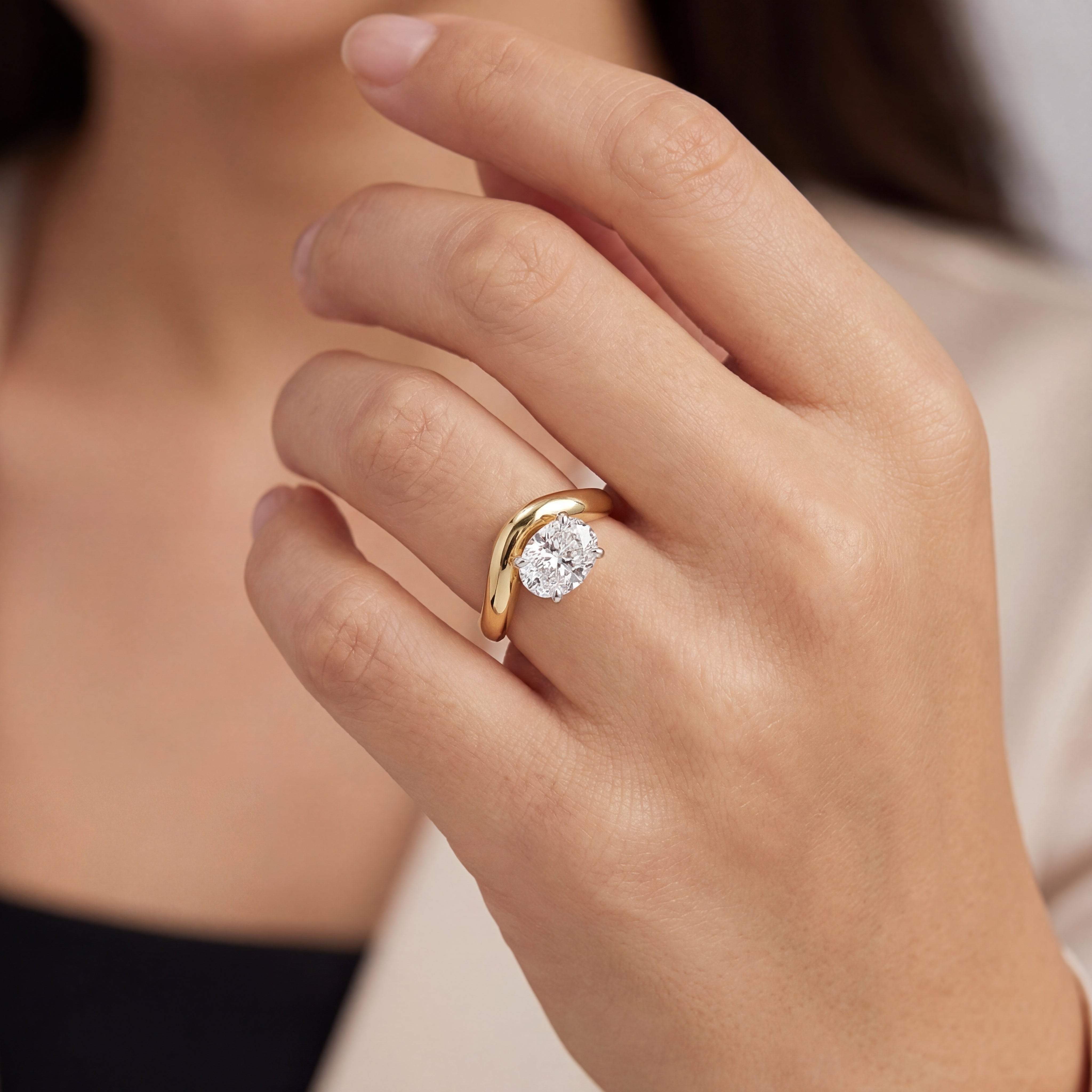 18ct yellow and white gold oval diamond bombe ring with 1.50ct East–West set oval diamond