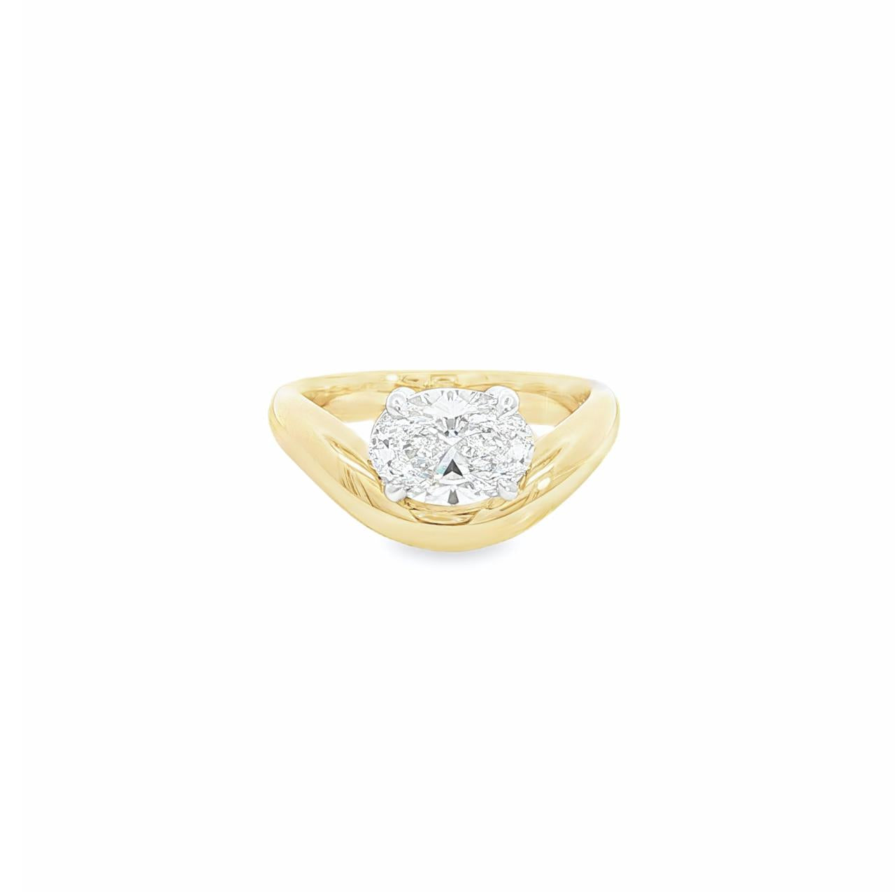 18ct yellow and white gold oval diamond bombe ring with 1.50ct East–West set oval diamond