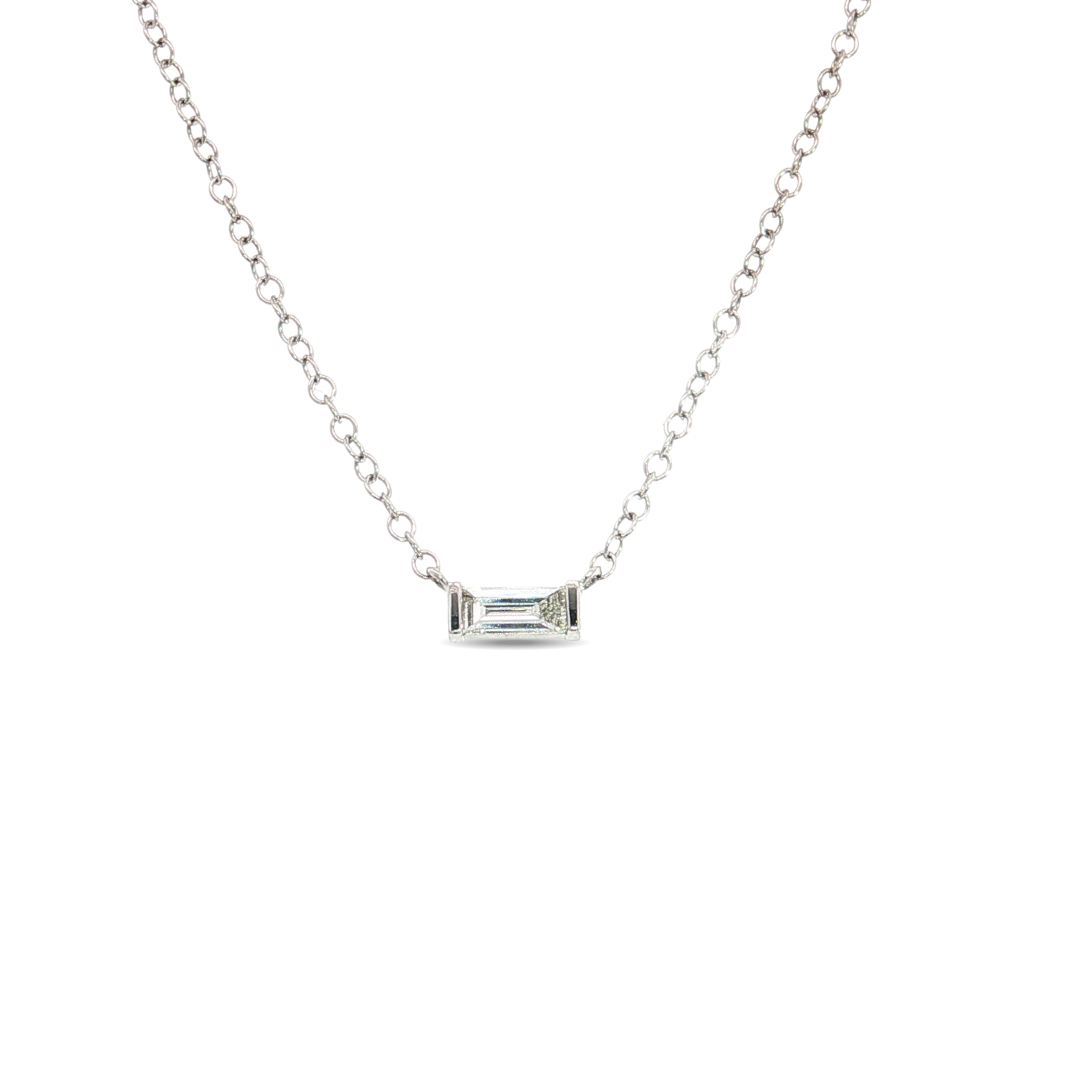 18ct white gold necklet with bar-set baguette cut diamond on fine trace link chain by James Thredgold Jeweller.