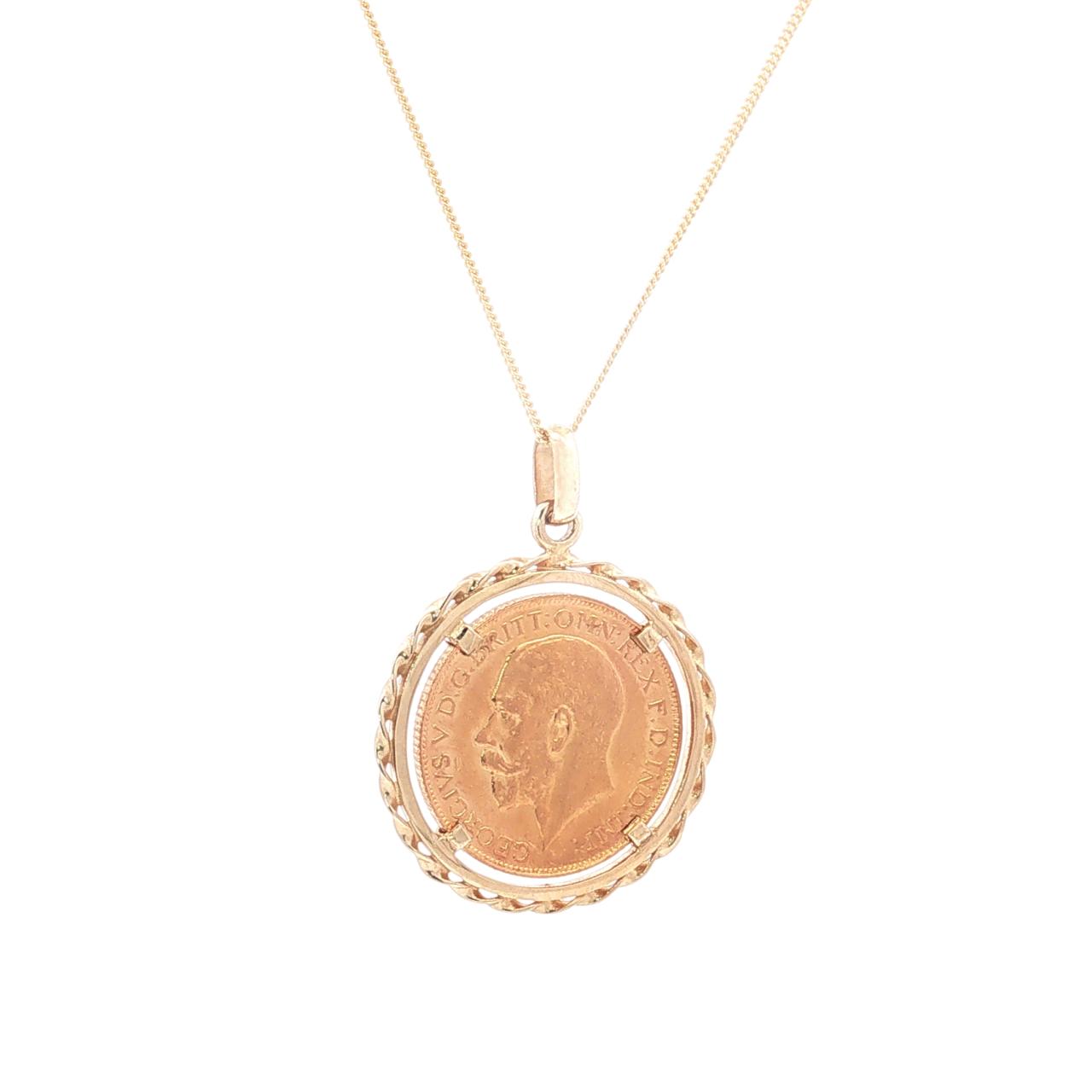 9ct yellow gold coin pendant featuring a 1926 King George V full sovereign in a twisted gold frame