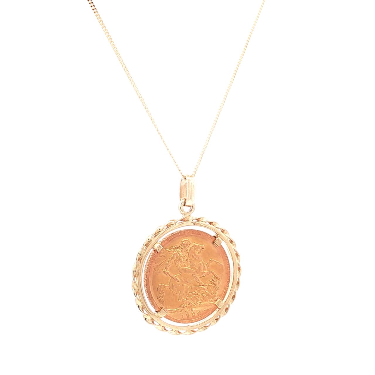 9ct yellow gold coin pendant featuring a 1926 King George V full sovereign in a twisted gold frame