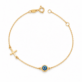 Cross & Evil Eye Charm Trace Link Bracelet Yellow Gold