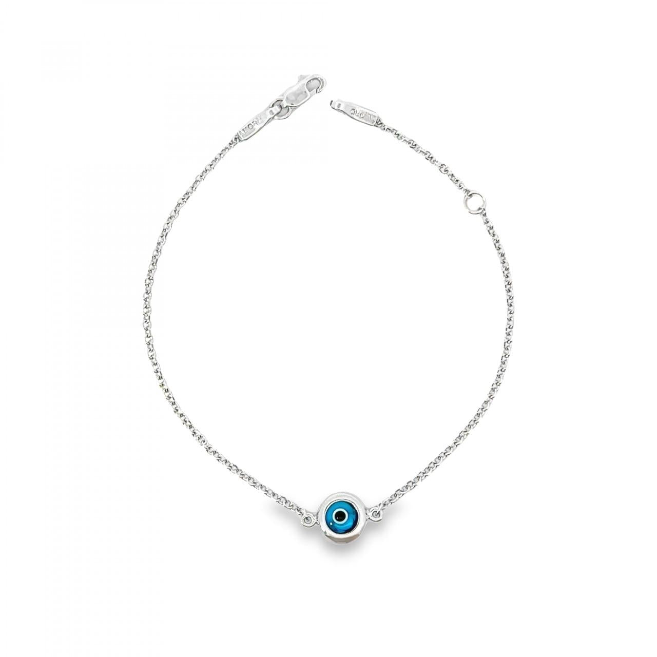 9ct white gold trace link bracelet with Evil Eye centre and parrot clasp