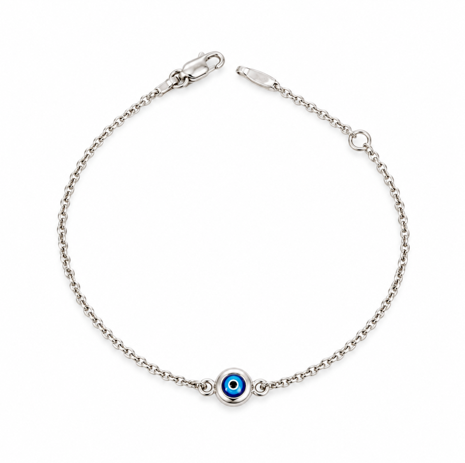 9ct white gold trace link bracelet with Evil Eye centre and parrot clasp