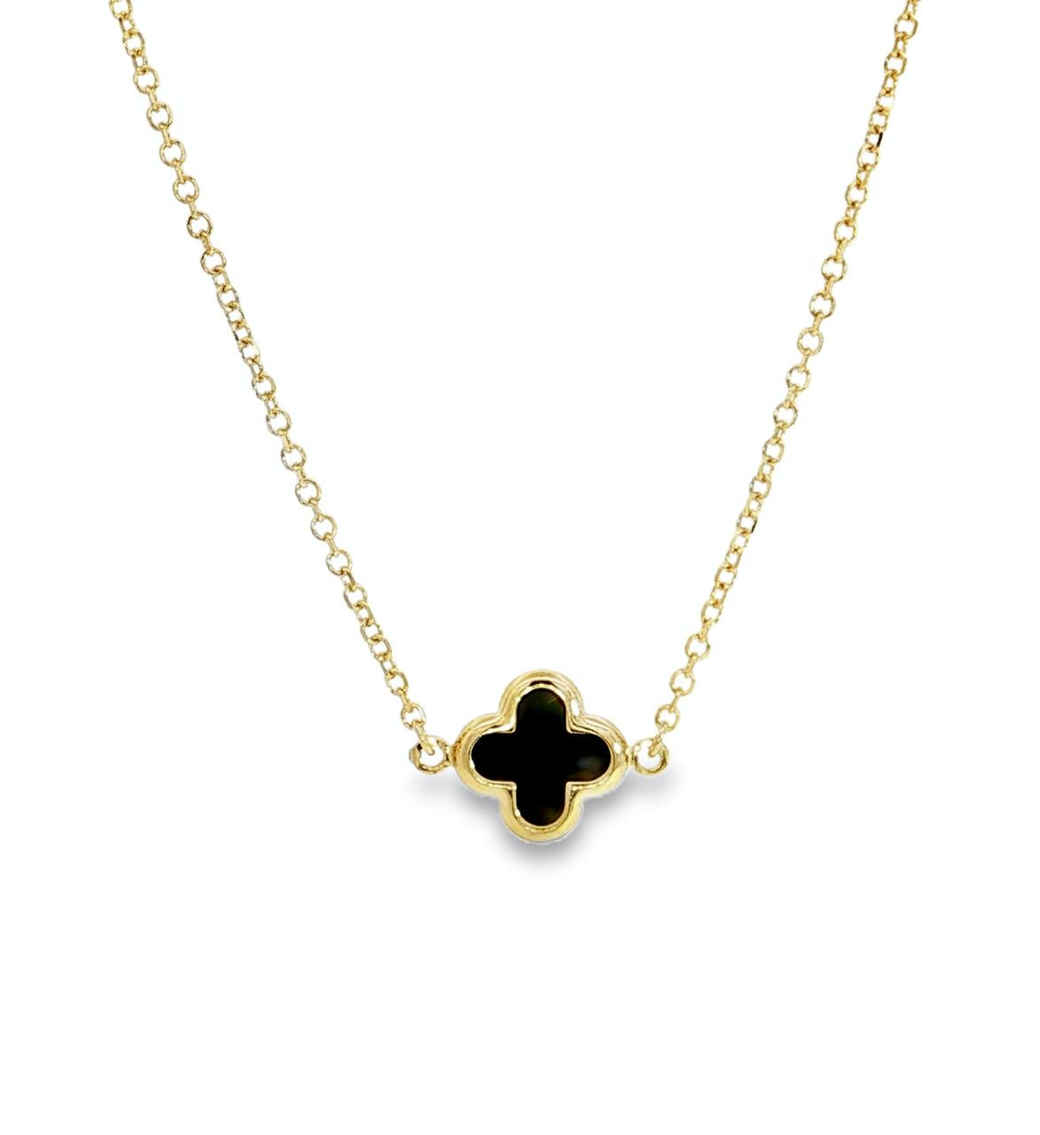 9ct yellow gold trace link necklace with small black clover pendant 45cm