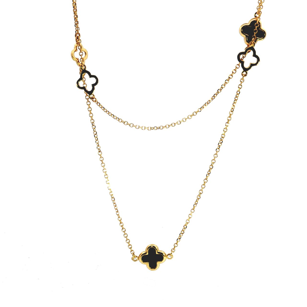 9ct yellow gold long trace link chain with alternating black and open clover motifs 85cm
