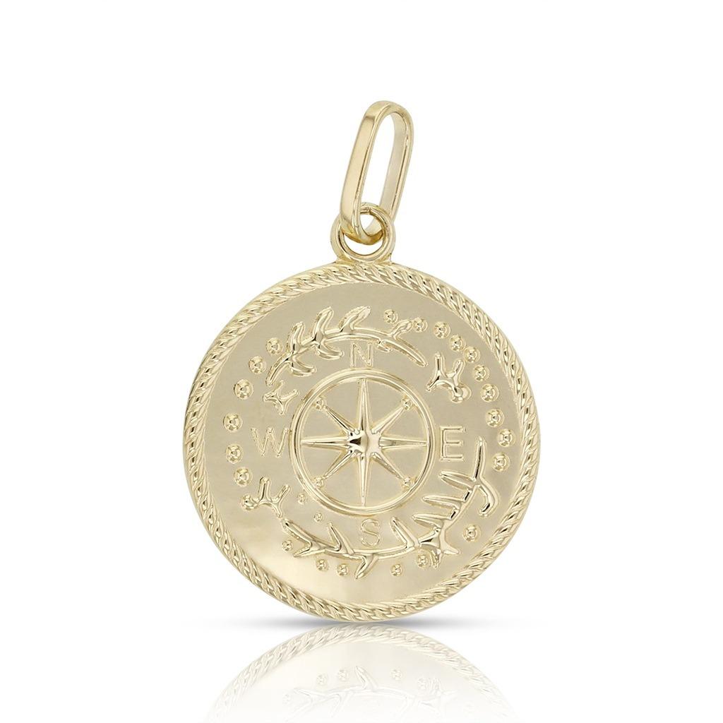 9ct yellow gold compass disc pendant with engraved directional design