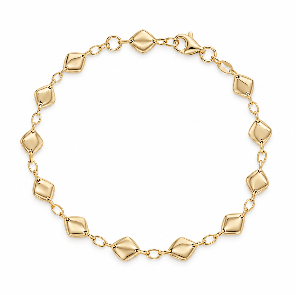 9ct yellow gold bracelet featuring alternating smooth diamond-shaped links and delicate oval chain, adjustable from 17cm to 19cm