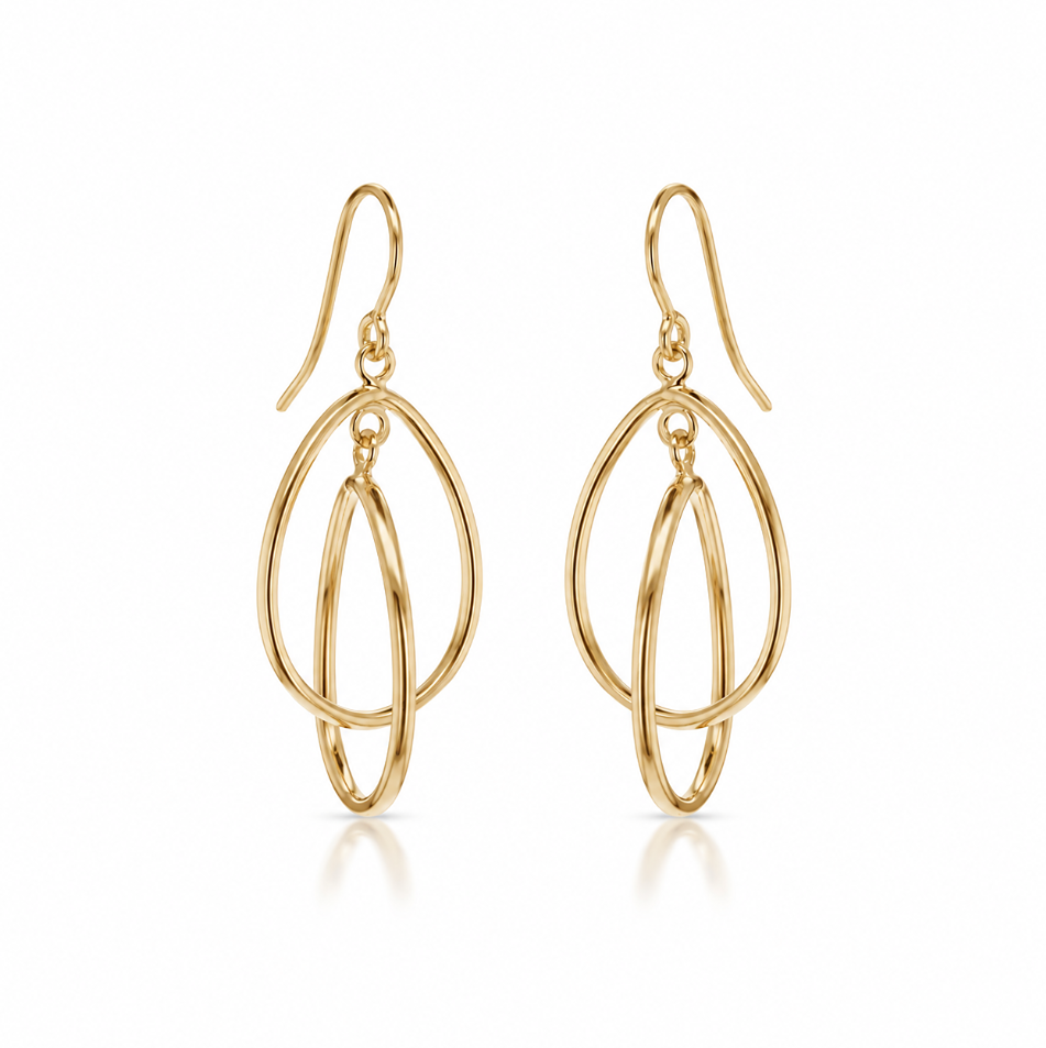 9ct yellow gold drop earrings featuring two overlapping open pear-shaped articulated drops suspended from hook fittings