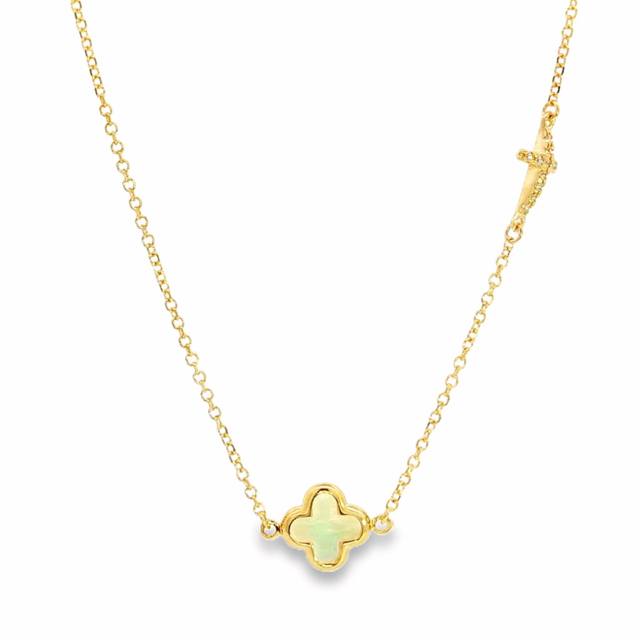 9ct yellow gold trace link necklace with mother of pearl clover and cubic zirconia cross 45cm