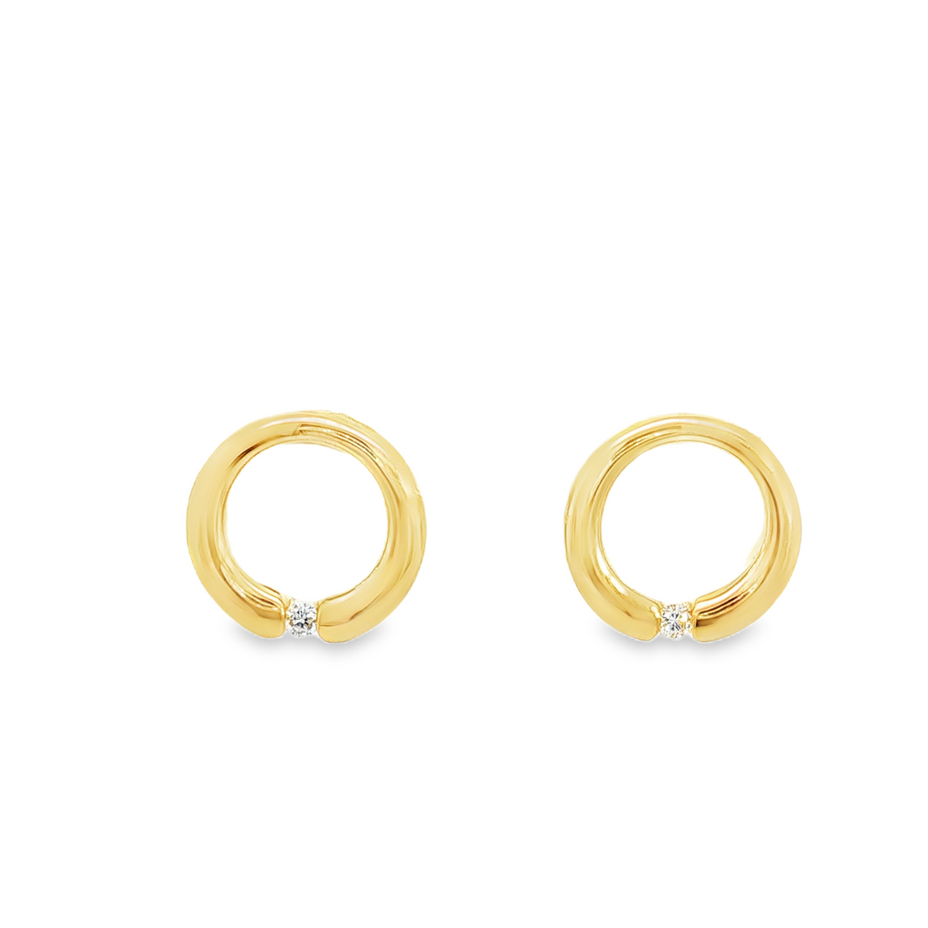 9ct yellow gold open circle diamond stud earrings with single diamond accents by James Thredgold Jeweller.
