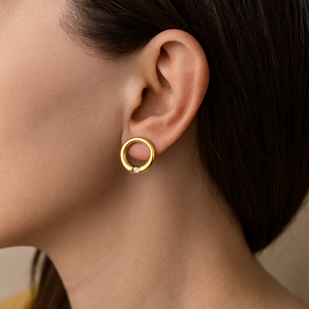 9ct yellow gold open circle diamond stud earrings with single diamond accents by James Thredgold Jeweller.