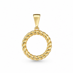 9ct yellow gold open circle pendant with polished twisted rope border, 12.6mm diameter and tapered bail