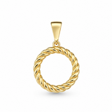 9ct yellow gold open circle pendant with polished twisted rope border, 12.6mm diameter and tapered bail
