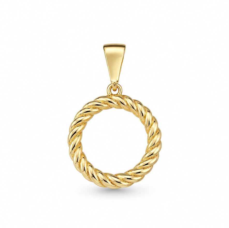 9ct yellow gold open circle pendant with polished twisted rope border, 12.6mm diameter and tapered bail