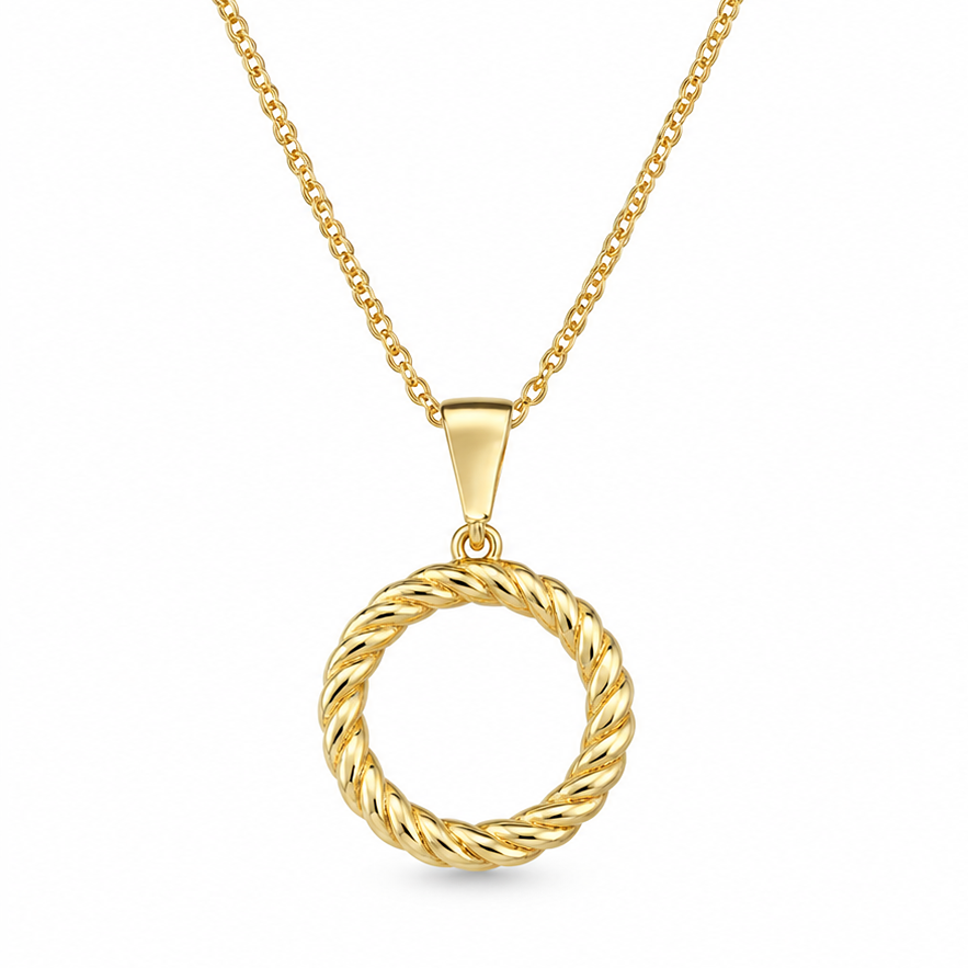 9ct yellow gold open circle pendant with polished twisted rope border, 12.6mm diameter and tapered bail